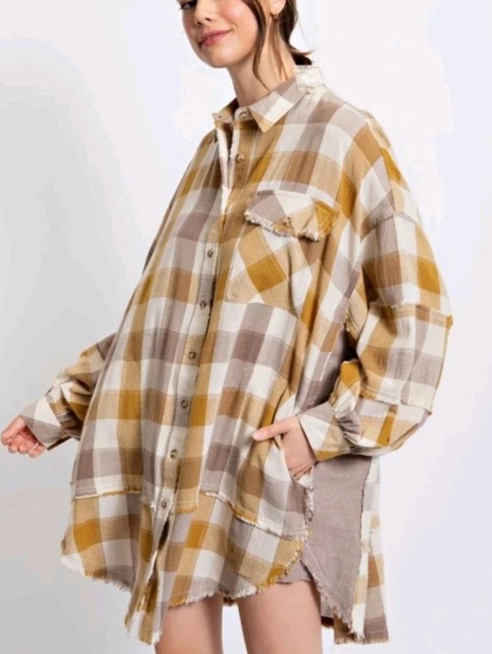 Easel Los Angeles Plaid Frayed Hem Tunic M